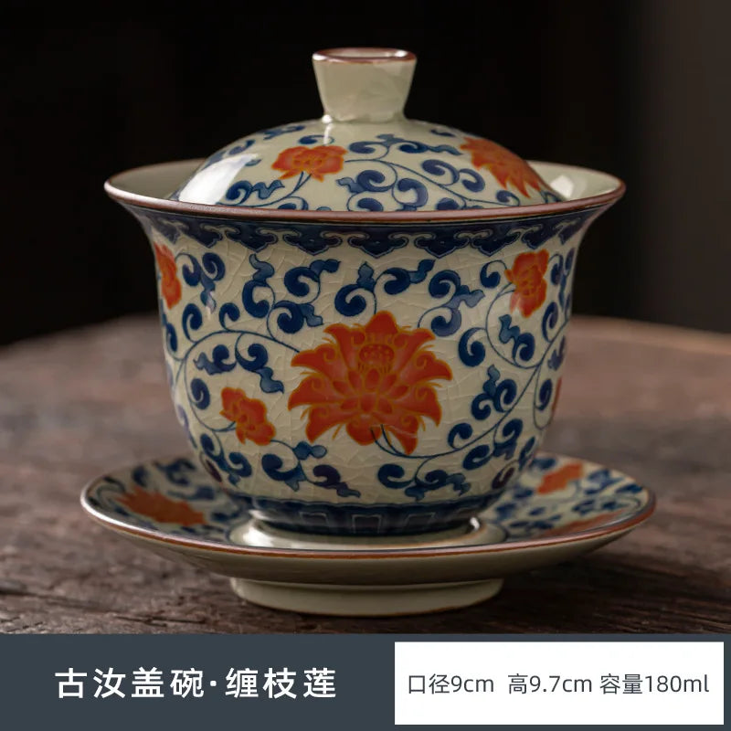 Ru Kiln Three Talents Gaiwan Tea Cup Kung Fu Tea Set Tea Bowl with Cover Teacup Antique Ceramic Tea Cup Chinese Gaiwan Tea Set