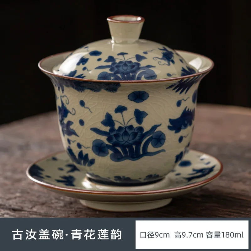 Ru Kiln Three Talents Gaiwan Tea Cup Kung Fu Tea Set Tea Bowl with Cover Teacup Antique Ceramic Tea Cup Chinese Gaiwan Tea Set