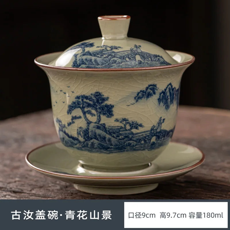 Ru Kiln Three Talents Gaiwan Tea Cup Kung Fu Tea Set Tea Bowl with Cover Teacup Antique Ceramic Tea Cup Chinese Gaiwan Tea Set