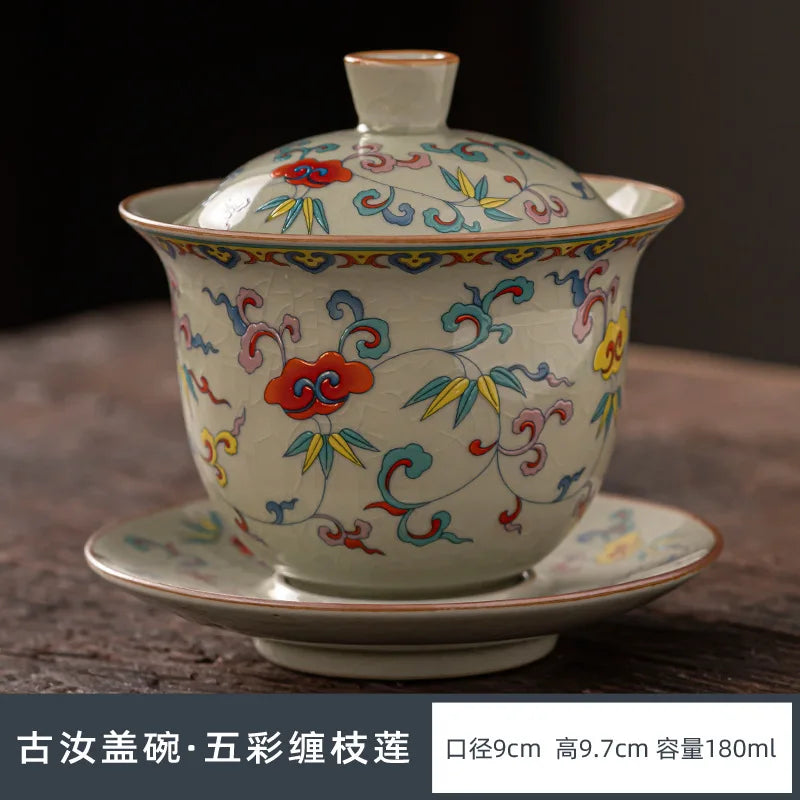 Ru Kiln Three Talents Gaiwan Tea Cup Kung Fu Tea Set Tea Bowl with Cover Teacup Antique Ceramic Tea Cup Chinese Gaiwan Tea Set