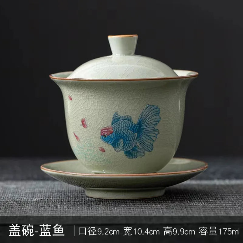 Ru Kiln Three Talents Gaiwan Tea Cup Kung Fu Tea Set Tea Bowl with Cover Teacup Antique Ceramic Tea Cup Chinese Gaiwan Tea Set