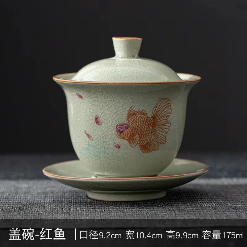 Ru Kiln Three Talents Gaiwan Tea Cup Kung Fu Tea Set Tea Bowl with Cover Teacup Antique Ceramic Tea Cup Chinese Gaiwan Tea Set
