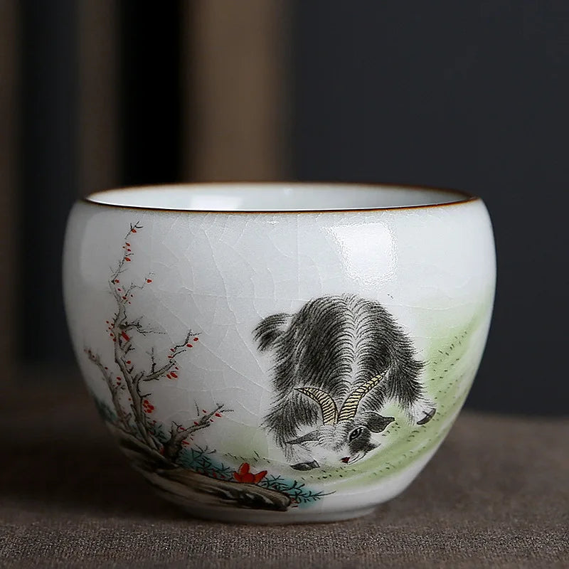 Ru Kiln Zodiac Tea Cup Retro Master Cup Ceramic Tea Cup Kung Fu Tea Set Tea Cup Set Tea Bowl Chinese Teaware Hand Painted Teacup