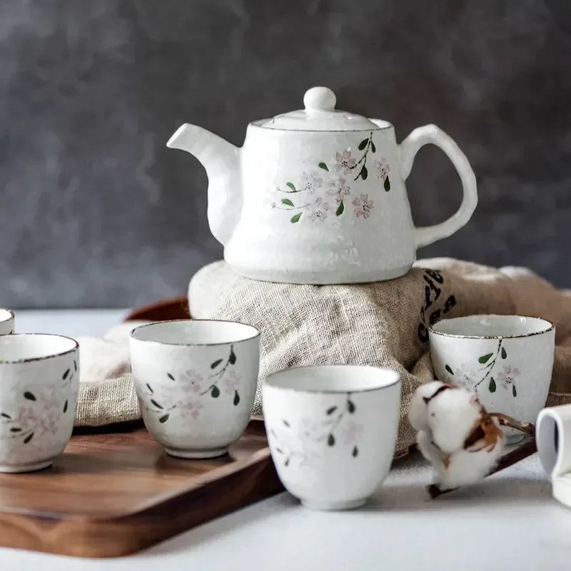 Set of Japanese Ceramic Sakura Tea Pot Tea Cup Water Cup Cherry Blossom Porcelain Kettle Teaware Set (5 cups+1 teapot)