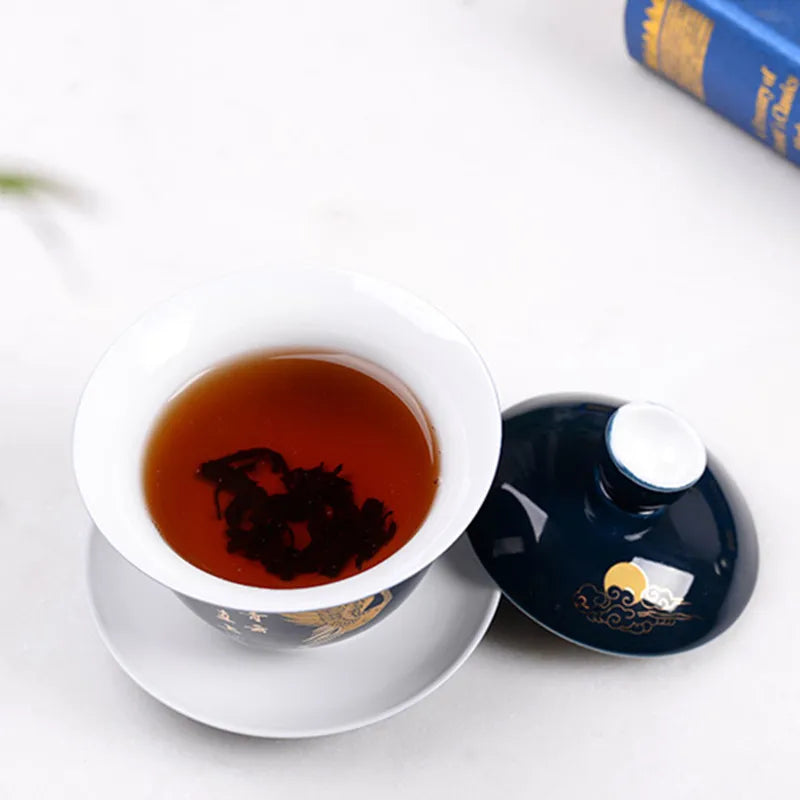 Shiny Blue Tasting Tea Cup Chinese Tea Set Bowl Ceramic Gaiwan Chawan Teacup with Lid Saucer Teaware Easy Travel Hand Grip Pot