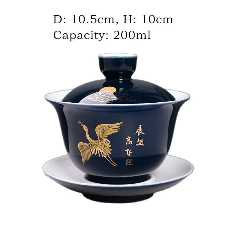 Shiny Blue Tasting Tea Cup Chinese Tea Set Bowl Ceramic Gaiwan Chawan Teacup with Lid Saucer Teaware Easy Travel Hand Grip Pot