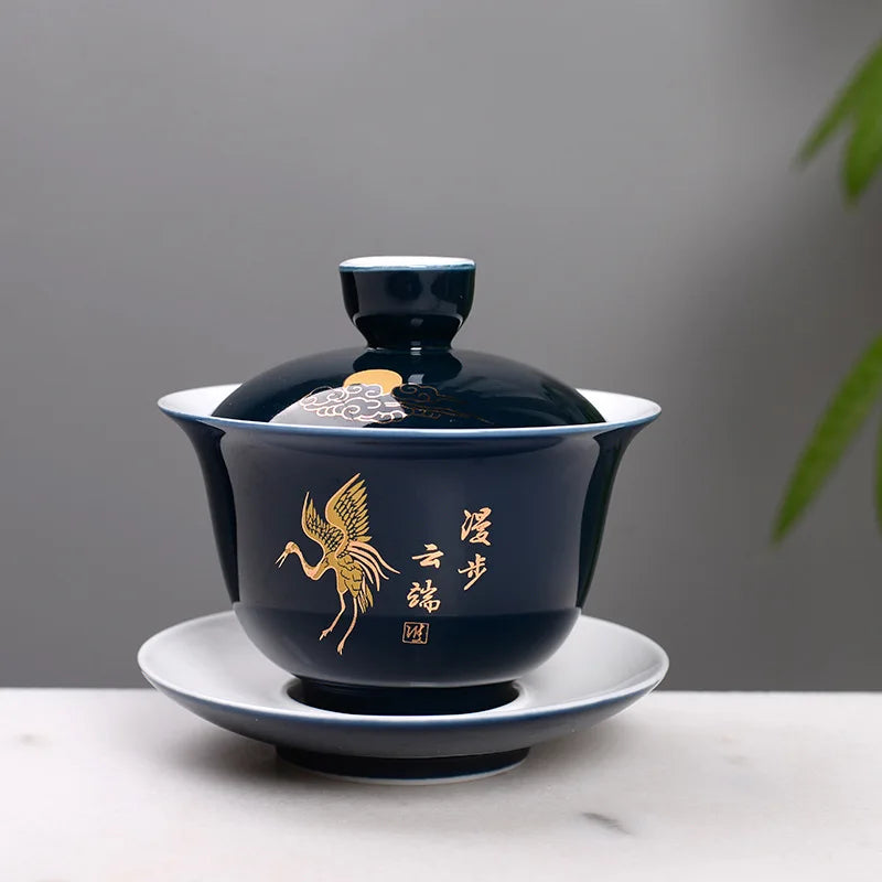 Shiny Blue Tasting Tea Cup Chinese Tea Set Bowl Ceramic Gaiwan Chawan Teacup with Lid Saucer Teaware Easy Travel Hand Grip Pot