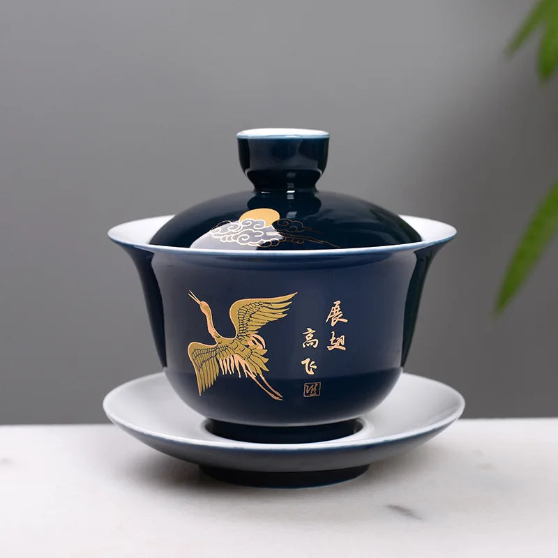 Shiny Blue Tasting Tea Cup Chinese Tea Set Bowl Ceramic Gaiwan Chawan Teacup with Lid Saucer Teaware Easy Travel Hand Grip Pot