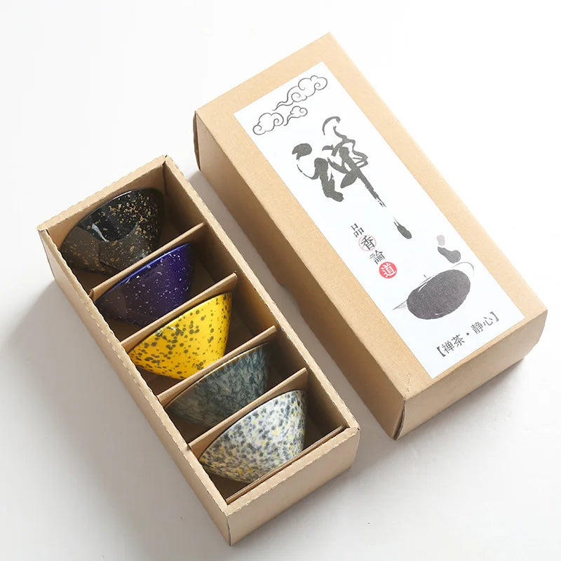 Tea Cup Set Ceramic Teacup Complete Set Kung Fu Tea Set Kiln Baked Bamboo-Hat Type Cup Retro Master Cup Tea Cup Set of 5 Teacups