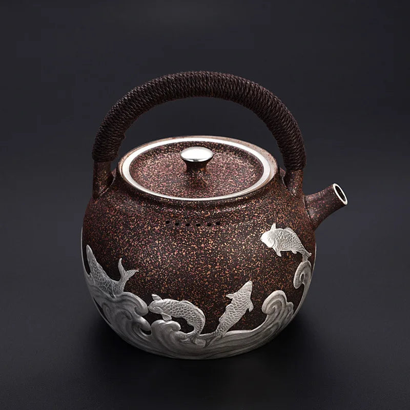 Teapot Set Luxury Gilt Silver Craft Ceramic Copper Tea Maker Side Handle Teapot Retro Japanese Handmade Household Tea Cooker
