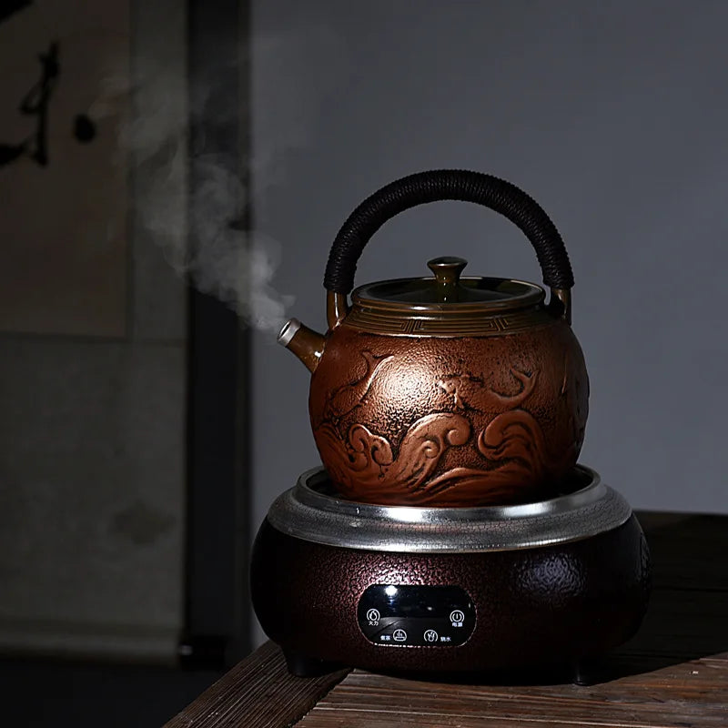 Teapot Set Luxury Gilt Silver Craft Ceramic Copper Tea Maker Side Handle Teapot Retro Japanese Handmade Household Tea Cooker