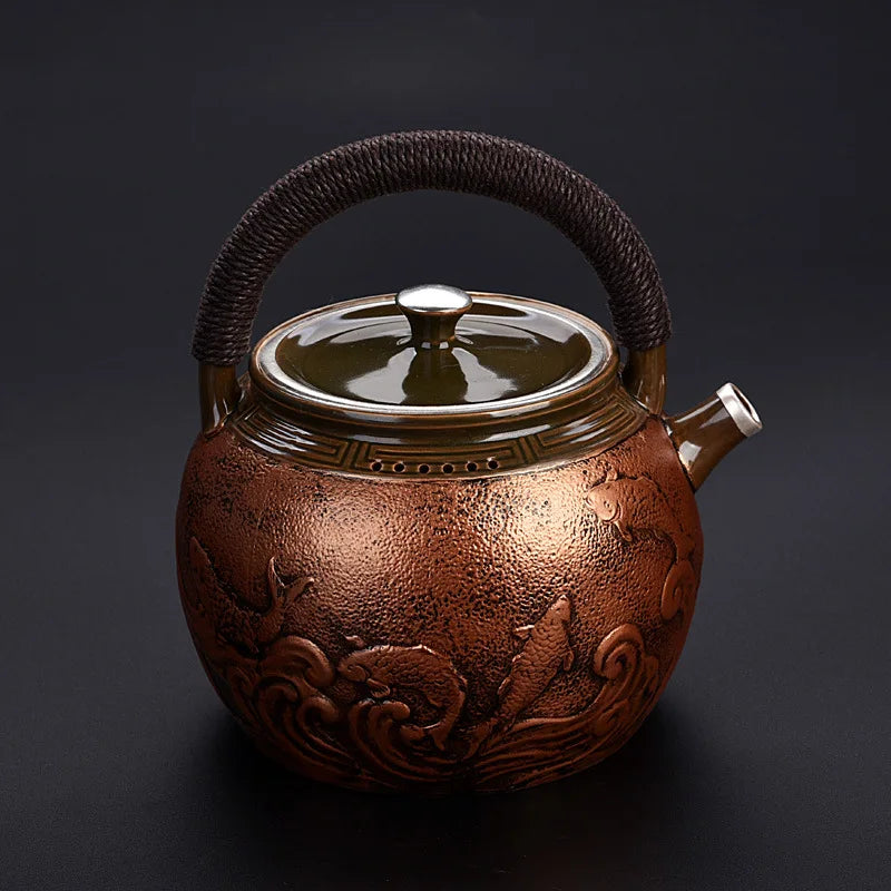 Teapot Set Luxury Gilt Silver Craft Ceramic Copper Tea Maker Side Handle Teapot Retro Japanese Handmade Household Tea Cooker