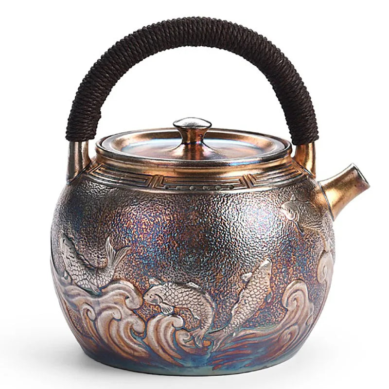Teapot Set Luxury Gilt Silver Craft Ceramic Copper Tea Maker Side Handle Teapot Retro Japanese Handmade Household Tea Cooker