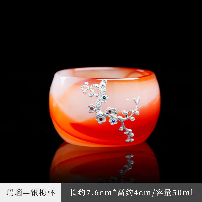 Three Times Agate Jade Porcelain Tea Cup Silver Plated Glaze Master Cup Tea Cup Jade Single Tea Cup Kung Fu Tea Set