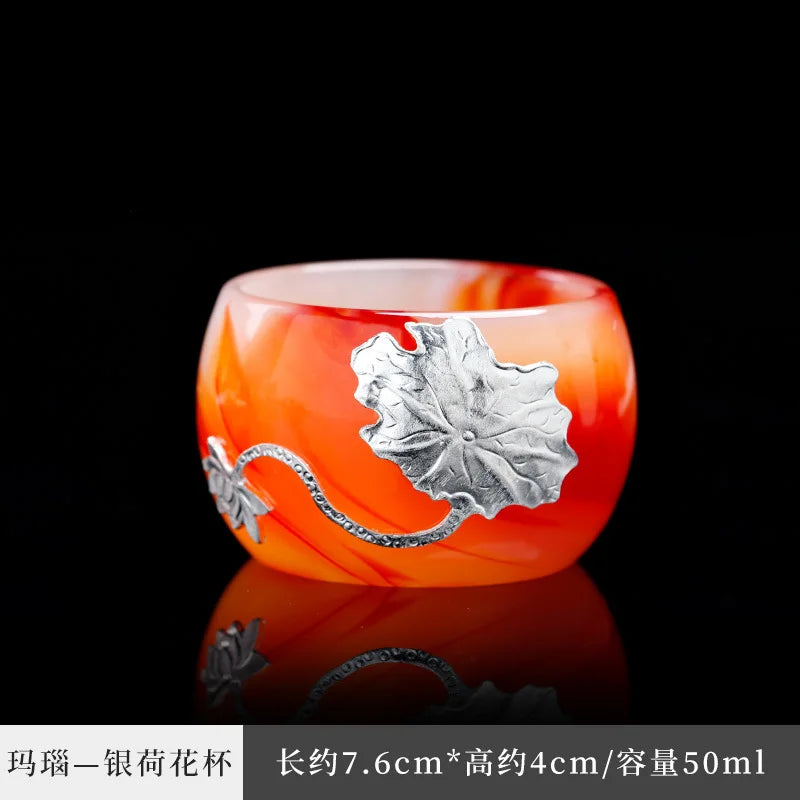 Three Times Agate Jade Porcelain Tea Cup Silver Plated Glaze Master Cup Tea Cup Jade Single Tea Cup Kung Fu Tea Set