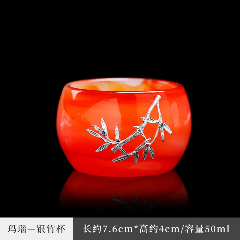 Three Times Agate Jade Porcelain Tea Cup Silver Plated Glaze Master Cup Tea Cup Jade Single Tea Cup Kung Fu Tea Set