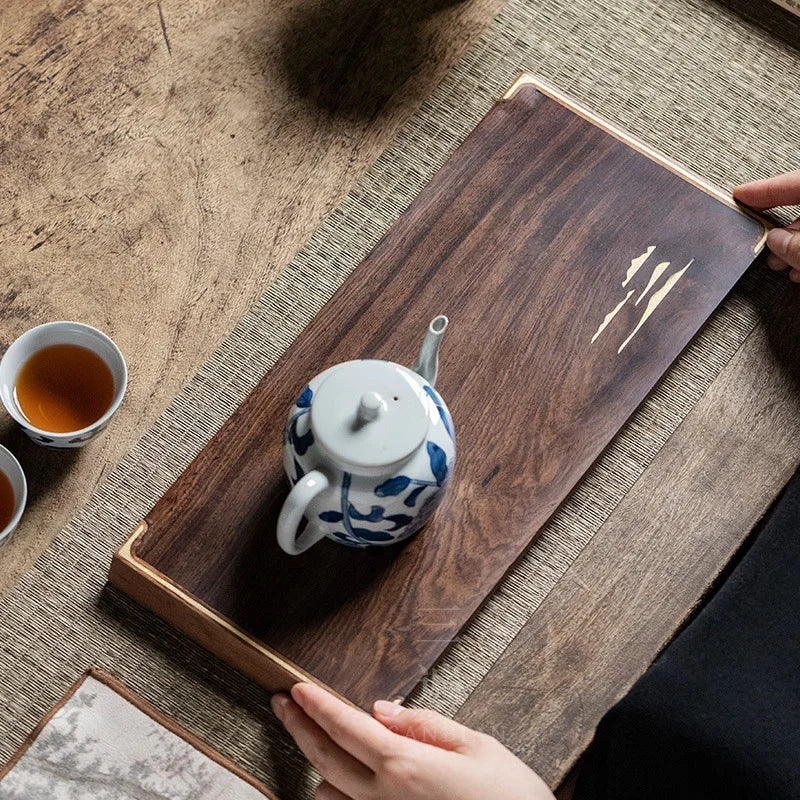 Three Times Blackwood Tea Tray Tea Room Inlaid Copper Small Tea Table Bamboo Tea Tray Simple Tray Japanese Pot Tray