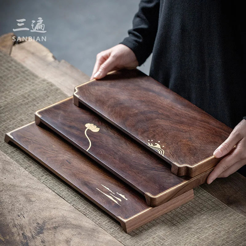 Three Times Blackwood Tea Tray Tea Room Inlaid Copper Small Tea Table Bamboo Tea Tray Simple Tray Japanese Pot Tray