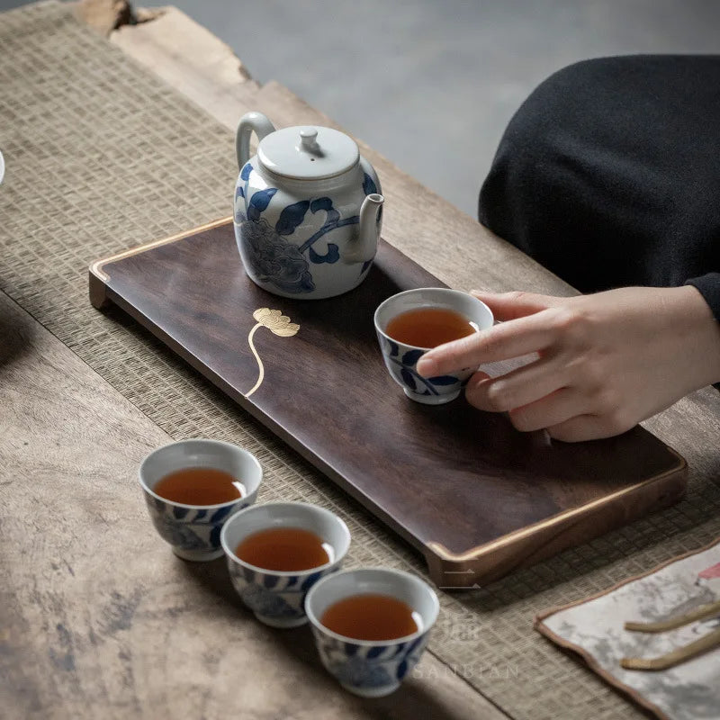 Three Times Blackwood Tea Tray Tea Room Inlaid Copper Small Tea Table Bamboo Tea Tray Simple Tray Japanese Pot Tray
