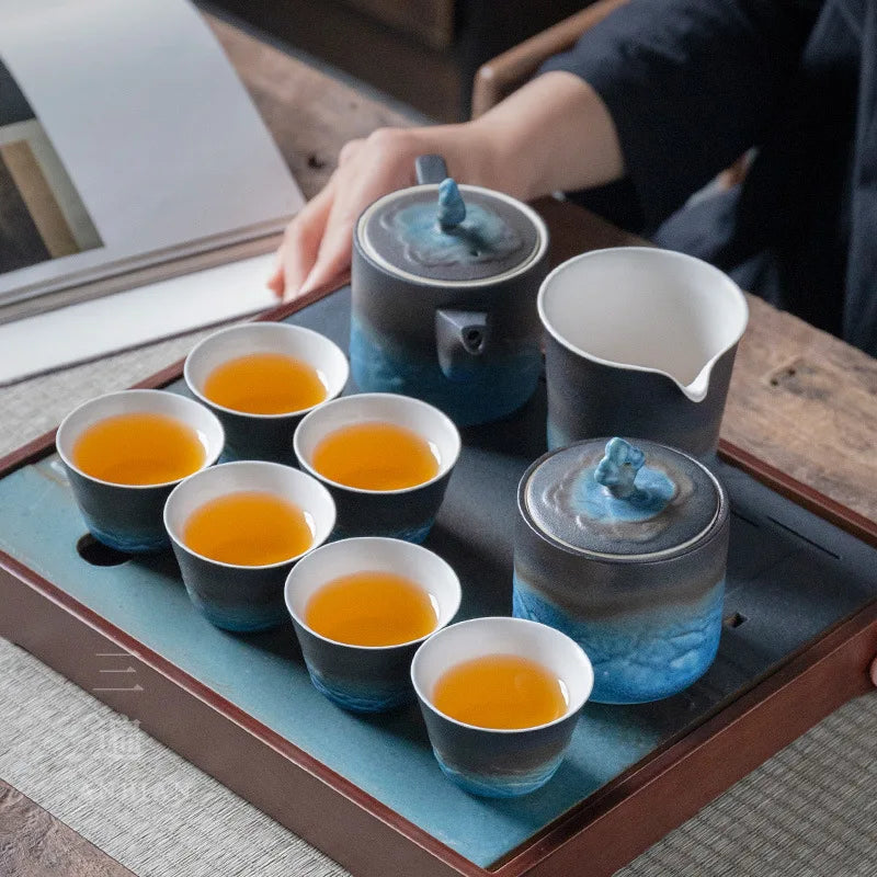 Three Times Kung Fu Tea Set Household Teapot Tea Cup Complete Set Water Storage Tea Tray Gift Box One Pot Four Cups Japanese S