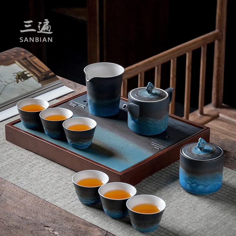 Three Times Kung Fu Tea Set Household Teapot Tea Cup Complete Set Water Storage Tea Tray Gift Box One Pot Four Cups Japanese S