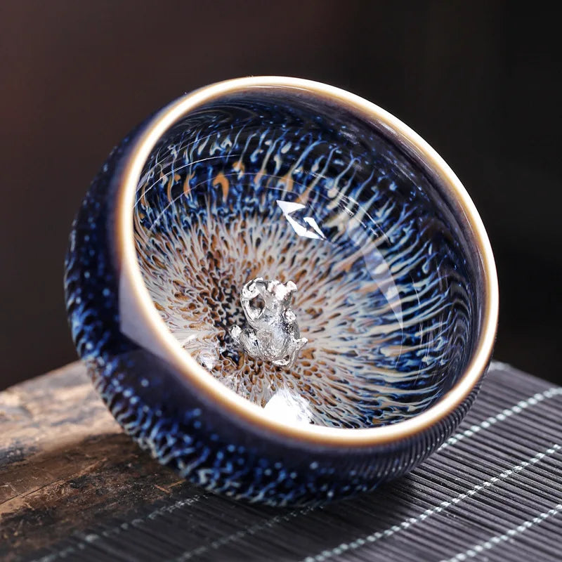 Tianmu Kiln Variable Glaze Tea Cup Inlaid Silver Jianzhan Teacup Master Cup Tea Bowl Ceramic Tea Cup Chinese Kung Fu Tea Set
