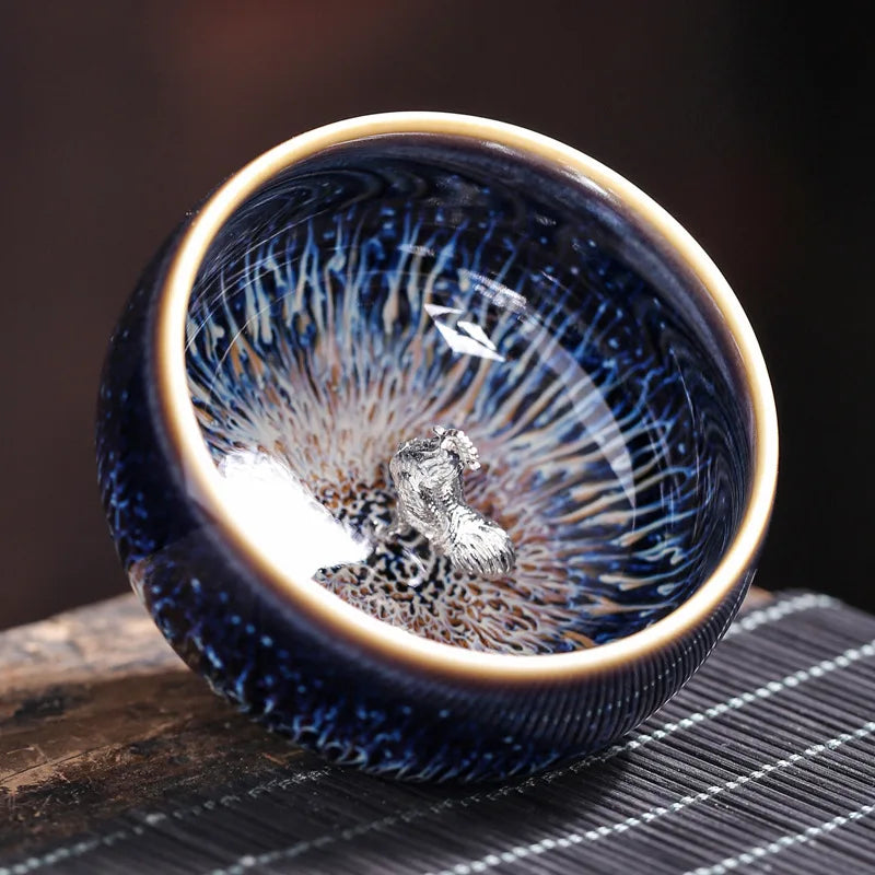 Tianmu Kiln Variable Glaze Tea Cup Inlaid Silver Jianzhan Teacup Master Cup Tea Bowl Ceramic Tea Cup Chinese Kung Fu Tea Set
