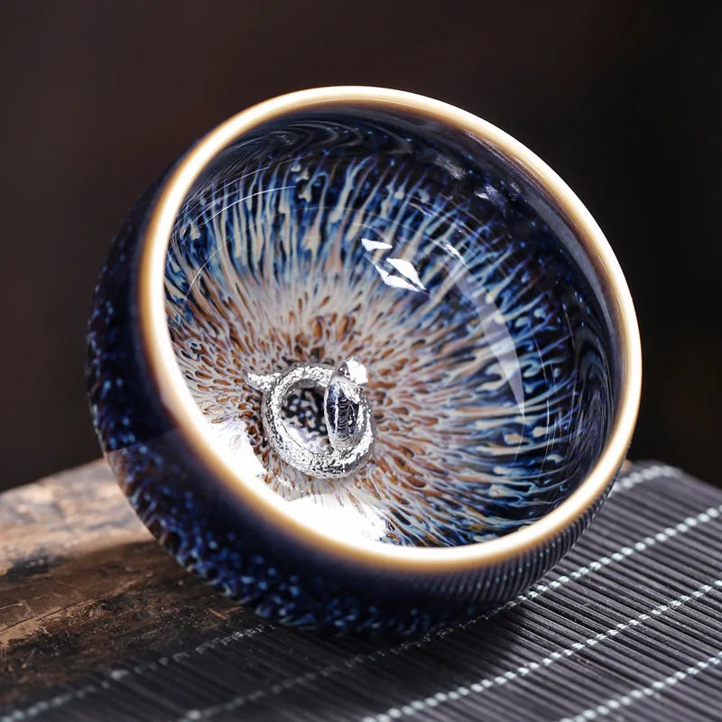Tianmu Kiln Variable Glaze Tea Cup Inlaid Silver Jianzhan Teacup Master Cup Tea Bowl Ceramic Tea Cup Chinese Kung Fu Tea Set