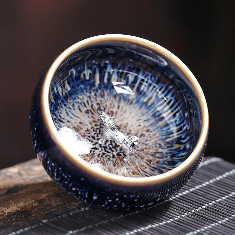 Tianmu Kiln Variable Glaze Tea Cup Inlaid Silver Jianzhan Teacup Master Cup Tea Bowl Ceramic Tea Cup Chinese Kung Fu Tea Set
