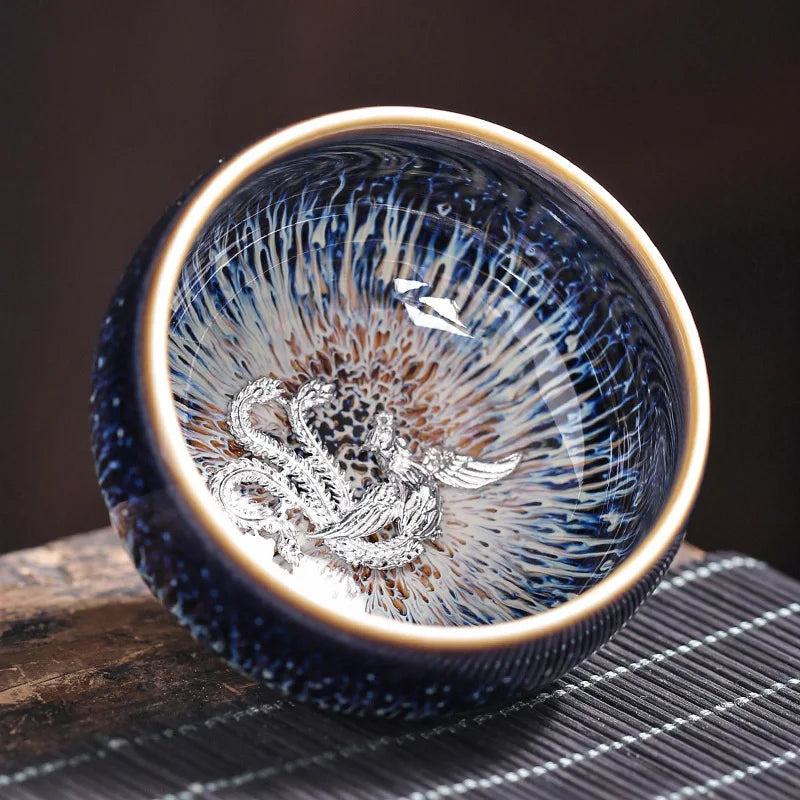 Tianmu Kiln Variable Glaze Tea Cup Inlaid Silver Jianzhan Teacup Master Cup Tea Bowl Ceramic Tea Cup Chinese Kung Fu Tea Set