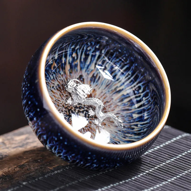 Tianmu Kiln Variable Glaze Tea Cup Inlaid Silver Jianzhan Teacup Master Cup Tea Bowl Ceramic Tea Cup Chinese Kung Fu Tea Set