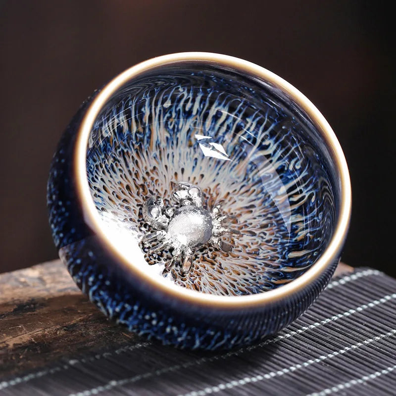 Tianmu Kiln Variable Glaze Tea Cup Inlaid Silver Jianzhan Teacup Master Cup Tea Bowl Ceramic Tea Cup Chinese Kung Fu Tea Set