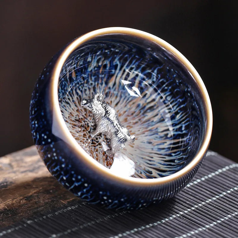 Tianmu Kiln Variable Glaze Tea Cup Inlaid Silver Jianzhan Teacup Master Cup Tea Bowl Ceramic Tea Cup Chinese Kung Fu Tea Set