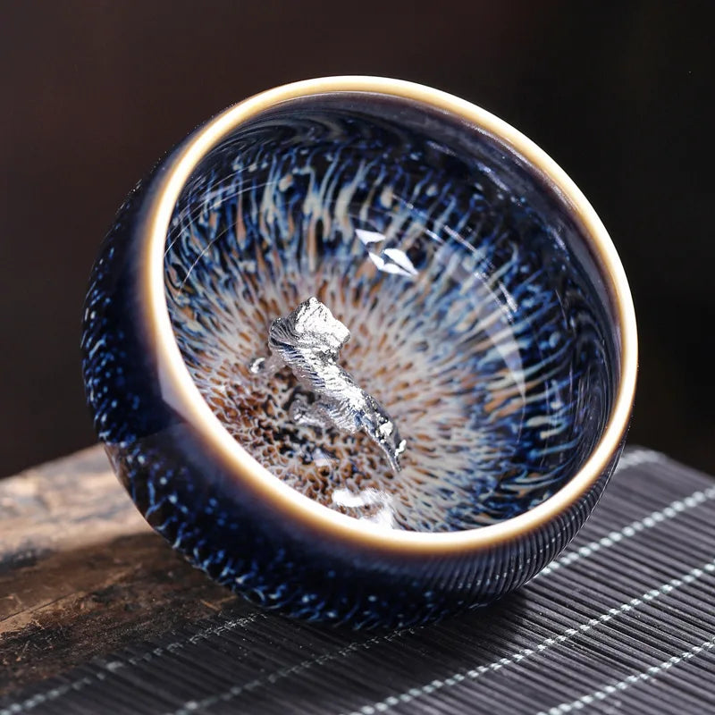 Tianmu Kiln Variable Glaze Tea Cup Inlaid Silver Jianzhan Teacup Master Cup Tea Bowl Ceramic Tea Cup Chinese Kung Fu Tea Set