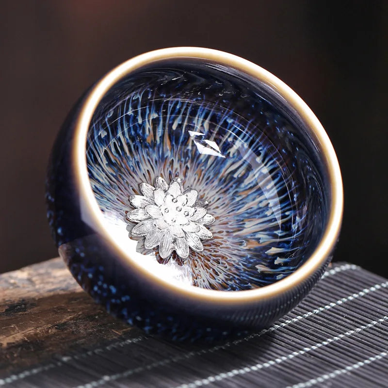 Tianmu Kiln Variable Glaze Tea Cup Inlaid Silver Jianzhan Teacup Master Cup Tea Bowl Ceramic Tea Cup Chinese Kung Fu Tea Set