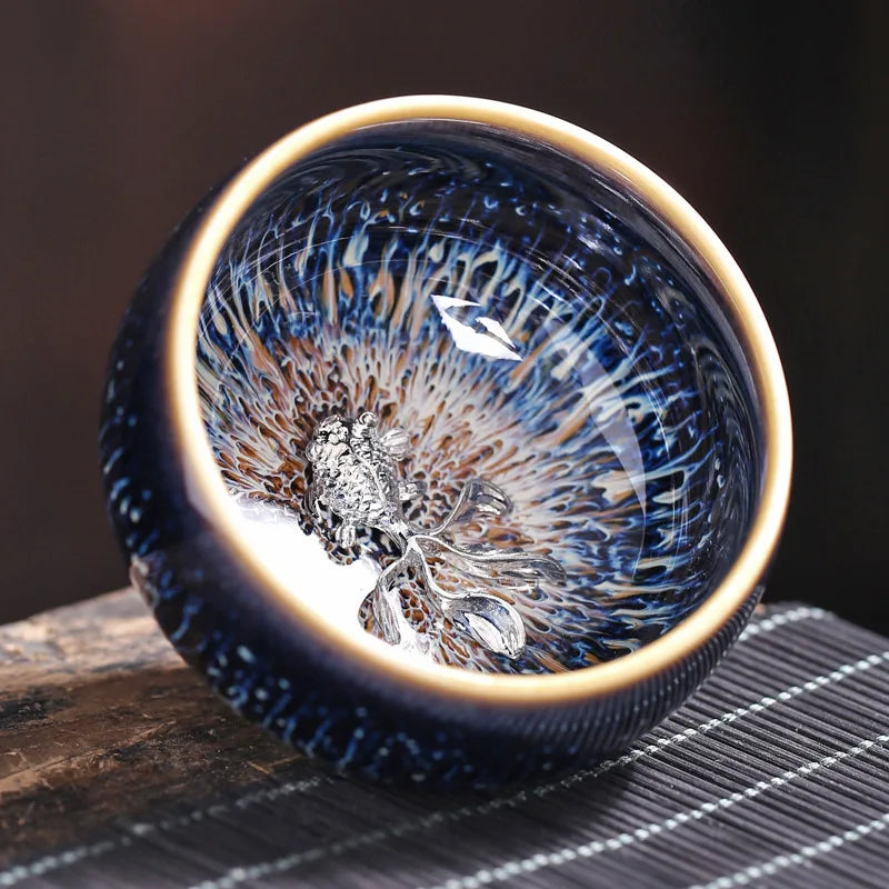 Tianmu Kiln Variable Glaze Tea Cup Inlaid Silver Jianzhan Teacup Master Cup Tea Bowl Ceramic Tea Cup Chinese Kung Fu Tea Set