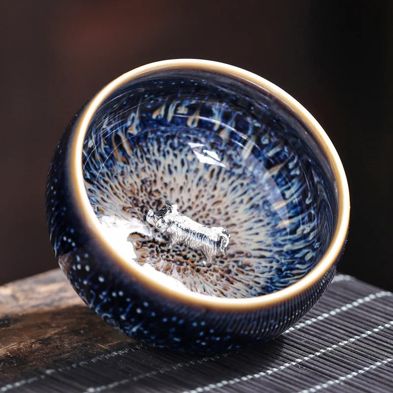 Tianmu Kiln Variable Glaze Tea Cup Inlaid Silver Jianzhan Teacup Master Cup Tea Bowl Ceramic Tea Cup Chinese Kung Fu Tea Set