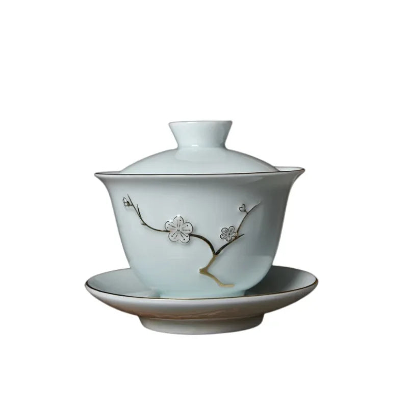 Traditional Chinese Gaiwan Sancai Teacup Pot with Lid Ceramic Tea Tureen Porcelain Tea Cup with Gold Trim Teaware Teapots Set