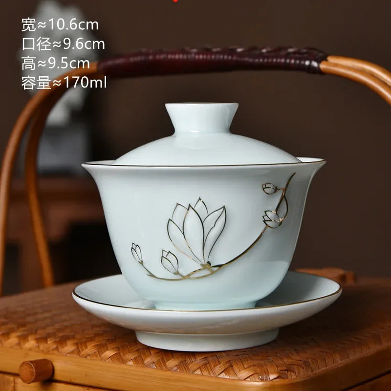 Traditional Chinese Gaiwan Sancai Teacup Pot with Lid Ceramic Tea Tureen Porcelain Tea Cup with Gold Trim Teaware Teapots Set