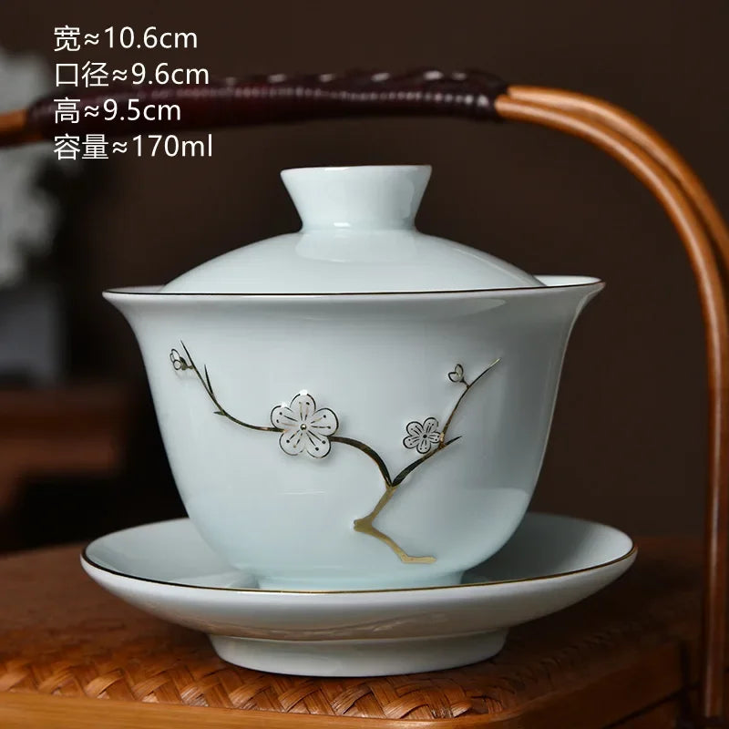 Traditional Chinese Gaiwan Sancai Teacup Pot with Lid Ceramic Tea Tureen Porcelain Tea Cup with Gold Trim Teaware Teapots Set