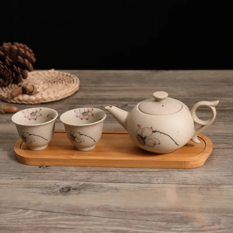 Traditional Chinese Teapot and Teacup Set with Wooden Tray Handmade Pottery Kung Fu Tea Set Ceramic Teaware