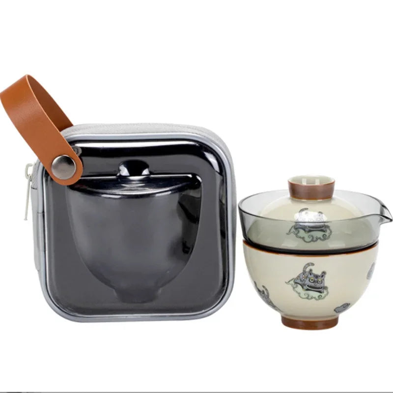 Travel Tea Set Ceramic Glass Gaiwan Portable Teaware Sets With Carrying Bag Chinese Tiger Teapot Teaware