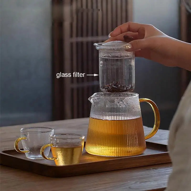 Vertical stripes Crystal Glass Teapot With Removable Filter Puer Kettle Flower Tea Set Teapot Infuser Tea Coffee Teaware