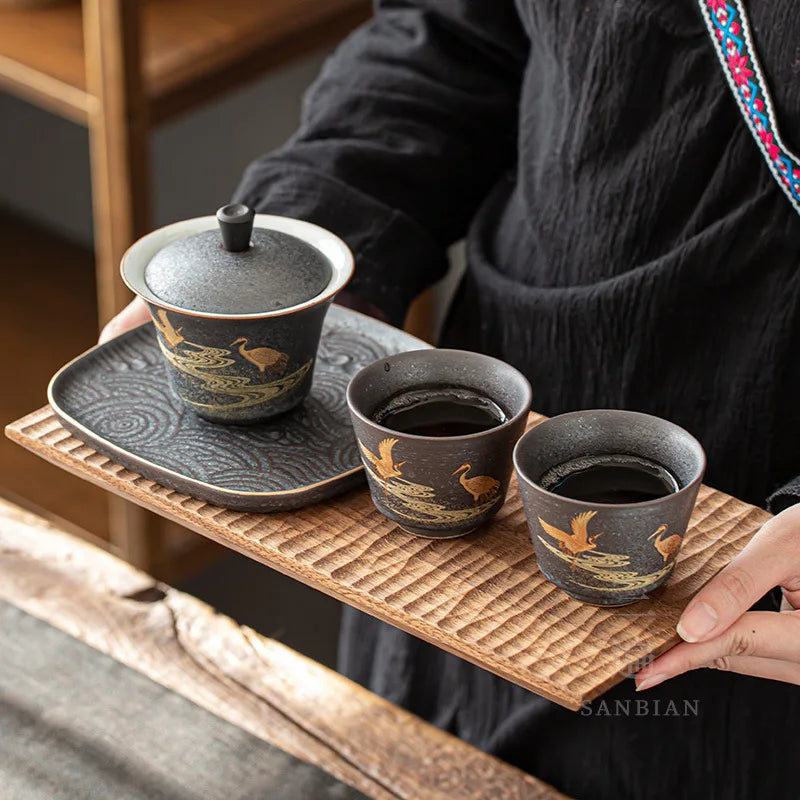 View Silver Spot Glaze Porcelain Gaiwan Large Three-Piece Tea Bowl Household Tea Maker Tea Cup Kung Fu Tea Set