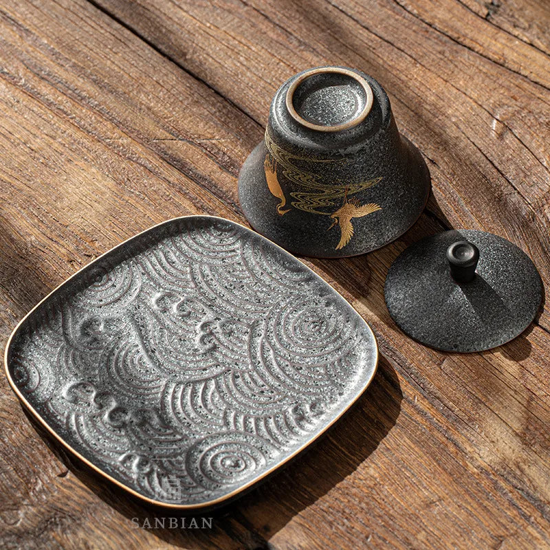 View Silver Spot Glaze Porcelain Gaiwan Large Three-Piece Tea Bowl Household Tea Maker Tea Cup Kung Fu Tea Set