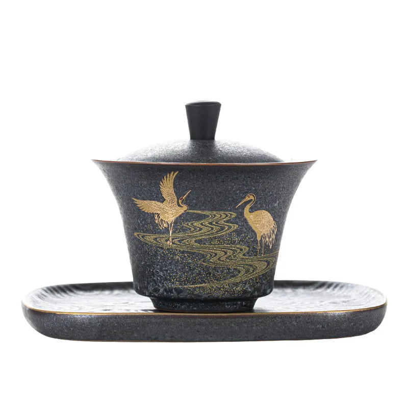 View Silver Spot Glaze Porcelain Gaiwan Large Three-Piece Tea Bowl Household Tea Maker Tea Cup Kung Fu Tea Set