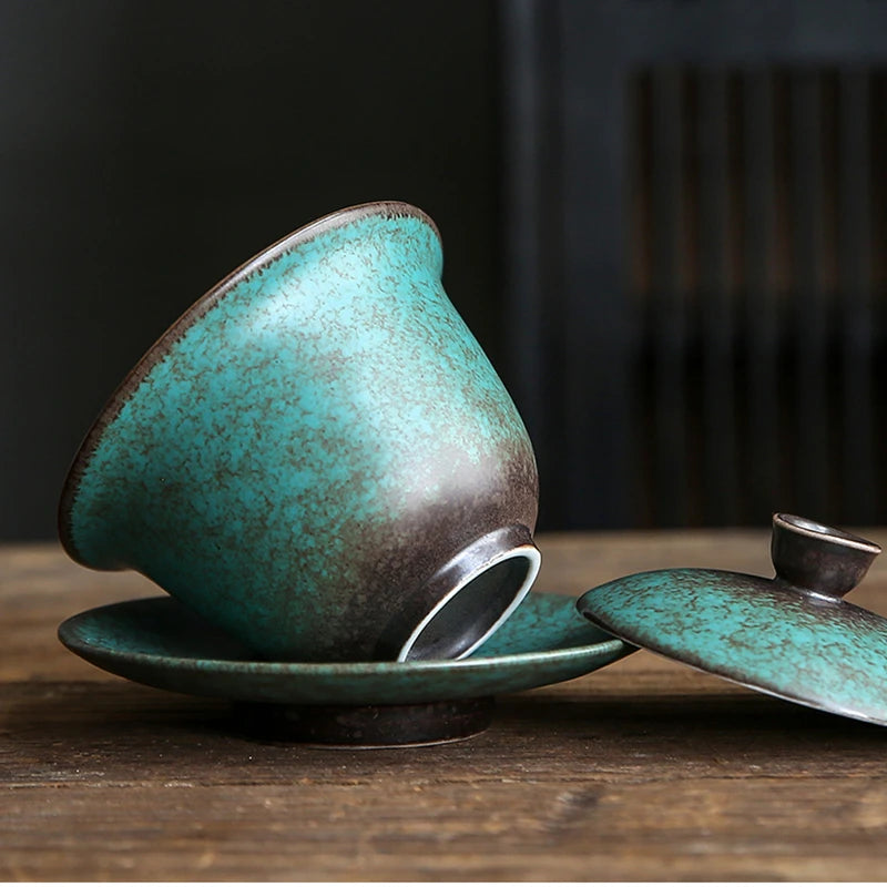 Vintage Gaiwan For Tea Pottery Tureen With Lid  Green Teaware Kung Fu Tea Ceremony Set Coffee Cups Tea Bowls Chawan 150ml