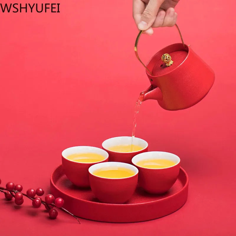 WSHYUFEI Red Teapot Ceramics tea set China wedding Tea Sets Tea Cups Pot Porcelain Wedding banquet Beautiful Kettle Gifts