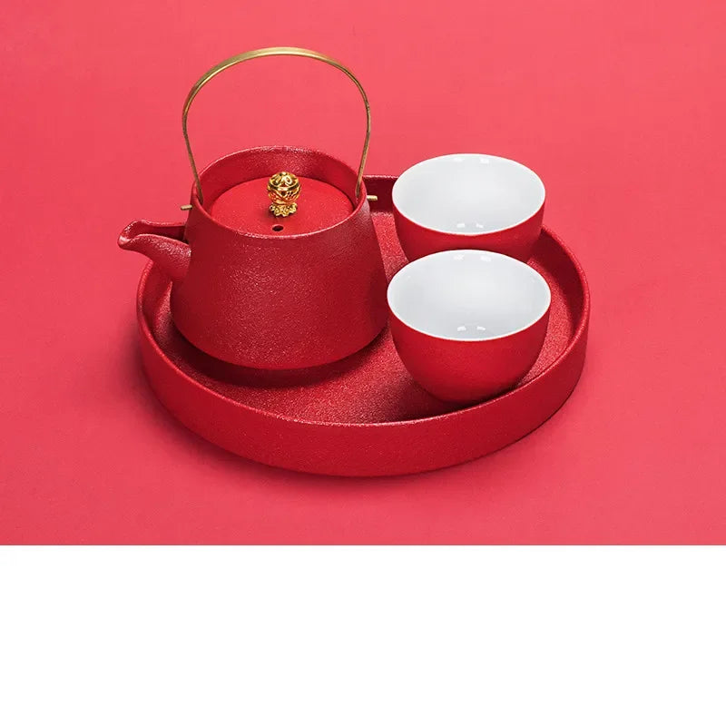 WSHYUFEI Red Teapot Ceramics tea set China wedding Tea Sets Tea Cups Pot Porcelain Wedding banquet Beautiful Kettle Gifts