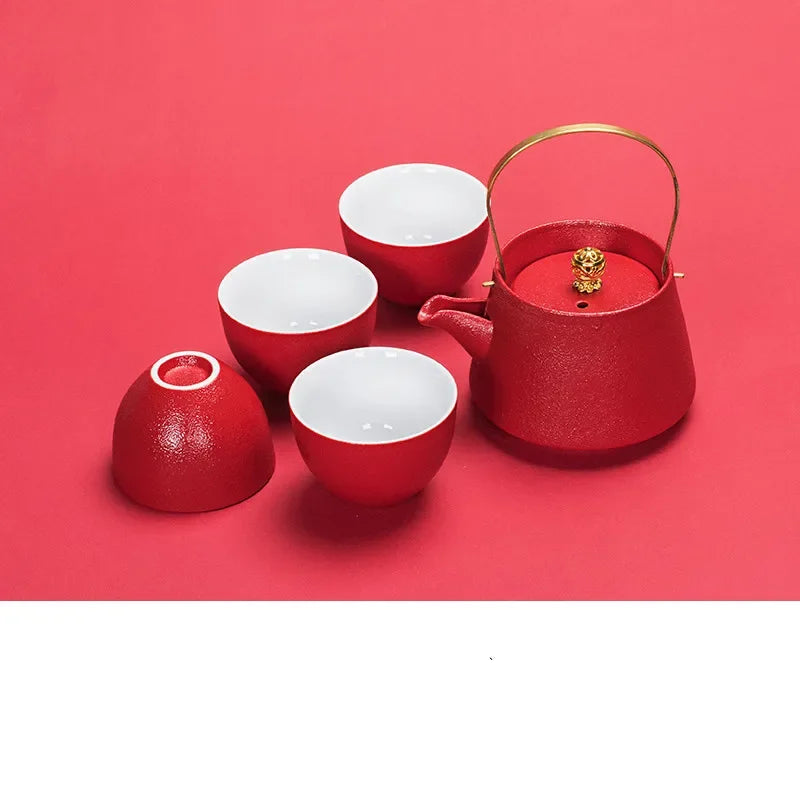 WSHYUFEI Red Teapot Ceramics tea set China wedding Tea Sets Tea Cups Pot Porcelain Wedding banquet Beautiful Kettle Gifts